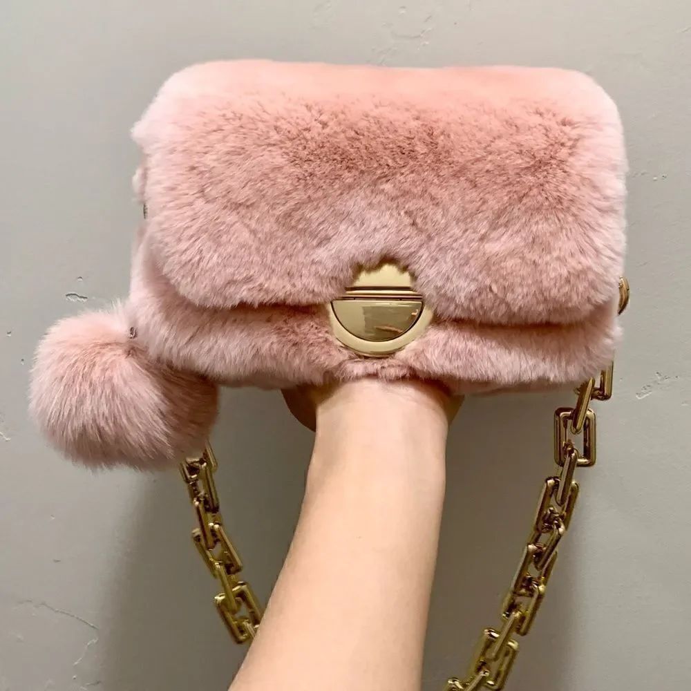 Handmade Real Rex Rabbit Fur Shoulder Bag/Crossbody & Fox Fur Ball Keychain